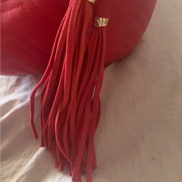 Red Quilted Handbag with Pearl Accents - Picture 5 of 7